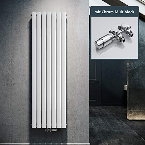 ELEGANT Design Heizkörper Flach 1800x539mm mit Chrom Multiblock Thermostat Flachheizkörper Weiß Doppellagig Vertikal Heizkörper Mittelanschluss