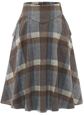Bbonlinedress Jupe Longue Femme Elégante à Carreaux en Tartan Plaid Style Vintage A-Ligne Taille Haute au Moellet avec Poches Swing évasée Brown Grey Plaid M