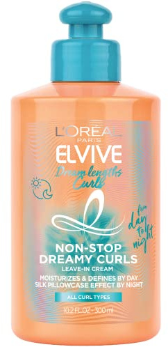 L'Oreal Paris Elvive Dream Lengths Curls Non-Stop Dreamy Curls leave-in conditioner, Paraben-Free with Hyaluronic Acid and Castor Oil. Best for wavy hair to coily hair, 10.2 fl oz