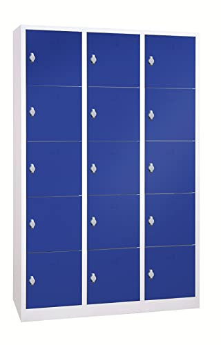 Schrank & Stuhl Schließfachschrank | Fächerschrank mit 15 Abteilen und Drehriegelvorrichtungen, 190 x 119 x 45 cm, Lieferung komplett montiert, Grau/Blau