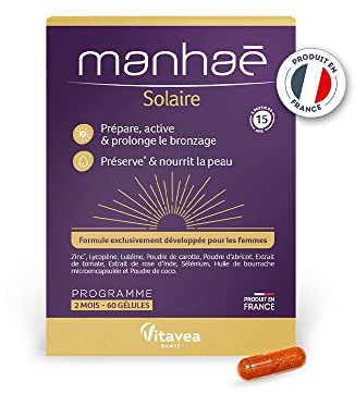 Vitavea - Manhaé - Solaire - Complément alimentaire préparateur solaire - Prépare, active et prolonge le bronzage - Préserve et nourrit la peau - 60 gélules - 2 mois - Fabriqué en France