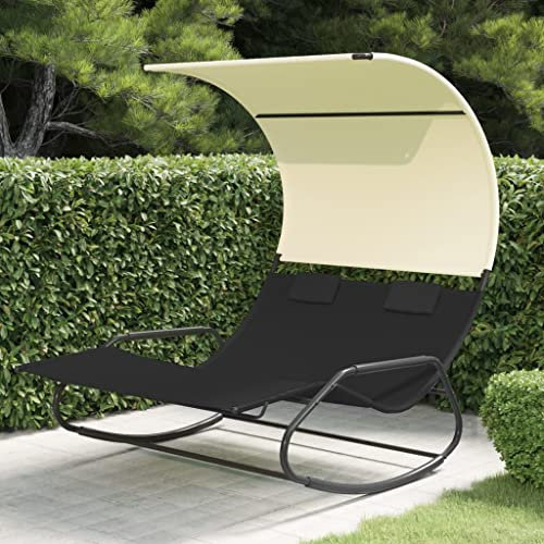 Makastle Doppel-Sonnenliege Doppelliege mit Sonnendach & Kissen, Relaxliege Gartenliege Schaukelliege für 2-Personen, für Garten oder Balkon, Schwarz und Creme