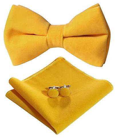 HOULIFE Fliege Herren Set - Verstellbare Fliege aus Samt Vorgebunden Fliege, einfarbige Einstecktuch, Manschettenknöpfe Set für Bräutigam Hochzeit formal mit Geschenkbox, Gelb