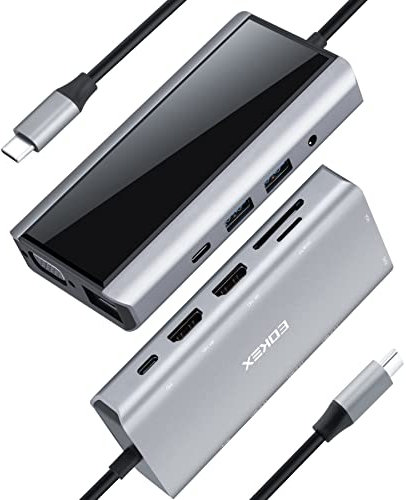 EOKEX USB C Hub, USB-C Hub 11 en 1 con 2 HDMI 4K, 100W PD, 2 USB-A 3.1, 1 USB-C 3.1 y SD/Micro SD, Ethernet 1000M, 1 VGA, 1 Audio 3.5mm para MacBook Air, MacBook Pro, XPS, Windows y más.