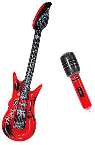 ALLY-MAGIC Aufblasbares Musikinstrument, rotes Gitarren-Mikrofon, Rockstar-Ballon-Set, 2 Stück, Punk-Wippen-Set für Kinder, 80er-90er-Jahre, Disco-Party-Dekorationen, Y7CQJTHT (rot)
