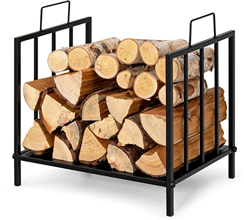 GYMAX Support de Bûches de Bois de Chauffage, pour Intérieur & Extérieur, Support de Bûches en Fer Décoratif avec Motifs de Feuilles Exquis, Support de Stockage de Bois de Cheminée,Noir.