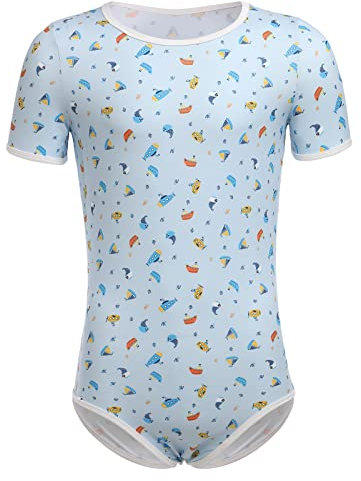 Men's One Piece Pyjamas Short Sleeve Cute Print Romper Pajamas Bodysuit Leotard Nightwear Sleepwear Tops Sky Blue L