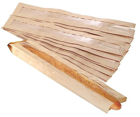 50 Pack Kraft Baguette Bags - 23x4x1.6 Bakery Storage Bags with Clear Front Window and 64 Clear Seal Stickers for Homemade French Bread (Brown)