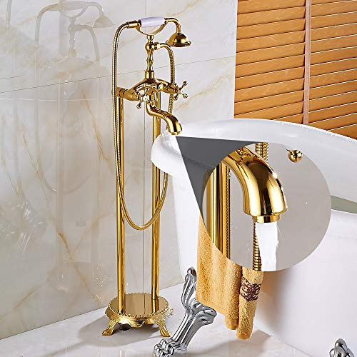 Gold Bodenstehender Badezimmer-Badewannenmischer Gemischter Wasserhahn Freistehender Doppelgriff Clawfoot Wannenhahn Messing Schwenkauslauf, Golden B