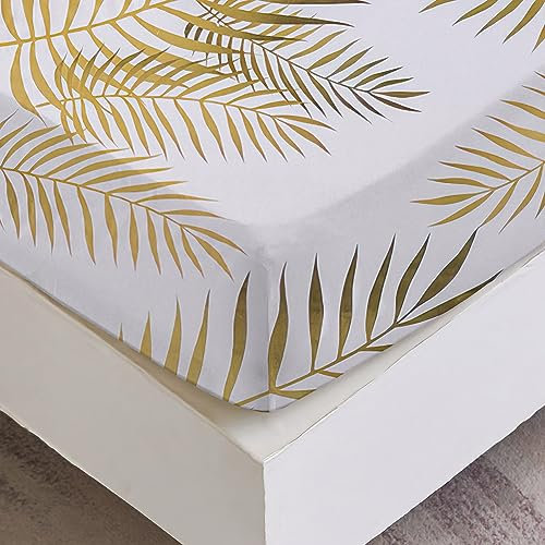 Lenzuolo con Angoli 160x200 cm Letto Matrimoniale - Lenzuola Sotto con Angoli in Microfibra a Motivo Motivo di Foglie Tropicali - Oro Bianco