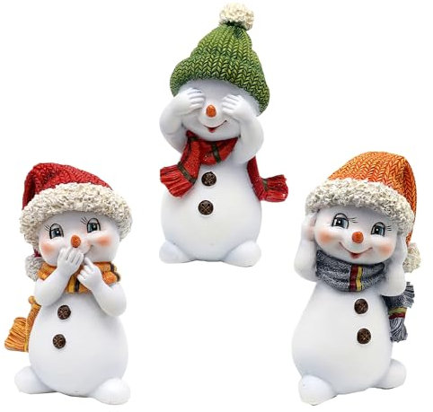 Dekohelden24 Schneekinder - Nichts hören, sehen, Sagen - mit Mütze und Schal in orange, grün und rot, als 3er Set, L/B/H 6,3 x 5 x 10,5 cm