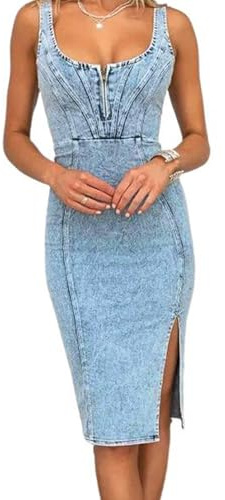 utcoco Denim Dress for Women Sleeveless Side Slit Bodycon Midi Jean Dresses for Women 2026 (X-Small, Light Blue)