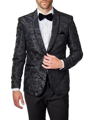 Men’s Black Floral Foliage Jacquard Jacket Tailored Fit Velvet Shawl Lapel Blazer [BLZ-311-BLACK-52]
