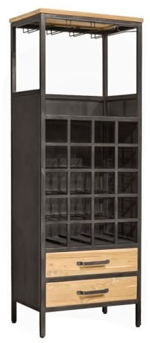 Meuble de Bar en Teck Recyclé et Métal Gris Foncé Effet Vieilli avec Range Bouteilles et Porte Verres - Design Industriel - LOFT