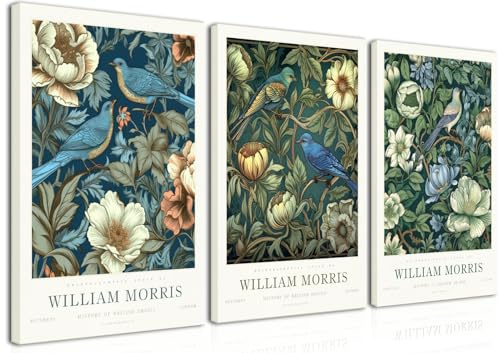 Djmwtb William Morris Leinwand-Kunst, Vintage-Poster, gerahmt, Set mit 3 botanischen Vögeln, ästhetische Bilder, Galerie, Kunstwerk, Wanddekoration für Wohnzimmer, Schlafzimmer, Büro, 40,6 x 61 cm