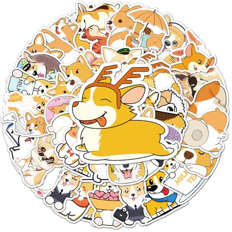 Corgi Dog Stickers for Teens Boys Girls Kids, Cute Cartoon Vinyl Waterproof Stickers for Laptop Flasks Water Bottle Cup Bike Notebook Scrapbook Tablet Car, Lovely Pet Dog Decals Pack[Corgi-50Pcs]