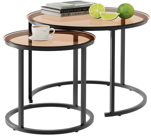 aboxoo Nesting Couchtisch 2er-Set, kleine runde Glas-Nisttische für Wohnzimmer, Schlafzimmer, Akzent-Teetisch mit Metallrahmen, modern, industriell, einfach