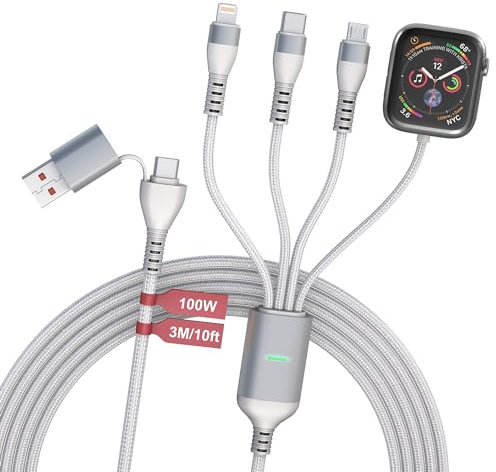 Câble Multi Chargeur de 10FT 100W pour Apple Watch - Câble de Chargeur Universel 4 en 1 avec Chargeur Apple Watch, Lightning, USB C et Micro, pour iPhone, iPad, Tablette, Ordinateur Portable - Blanc