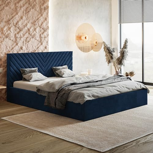 MOTIVENA Wenus Bett 160x200 Blau Samt, mit Stauraum, mit Kopfteil, mit Lattenrost, ohne Füße, ohne Matratze, Polsterbett 160x200 mit Bettkasten Blau (Dunkelblau)