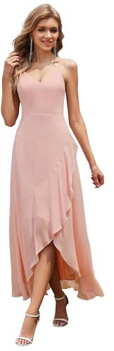 Ever-Pretty Robe de Demoiselle d'honneur Longue Col V Asymétrique Bretelles Mousseline pour Femme Rose 36