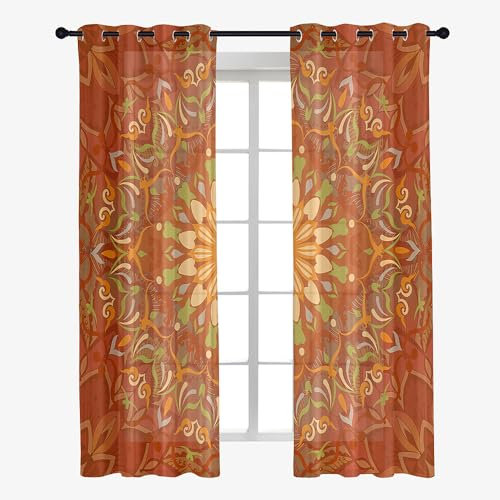 Odot Transparent Gardinen mit Ösen Schlaufen, Mandala Vorhänge Voile Sheer Vorhang Dekoschal Fensterschal Ösenvorhang für Wohnzimmer Fenster, 2er Set, Schienensystem (107x160cm,orange)
