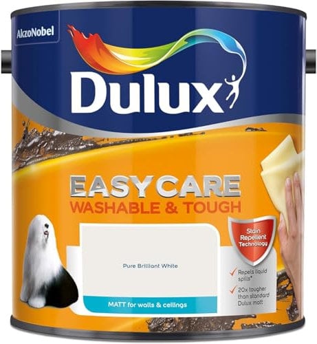 AMK® Dulux Easycare Matt Paint 2.5L Pure Brilliant White Washable Tough For Walls & Ceiling Surfaces Quick Dry No Sag
