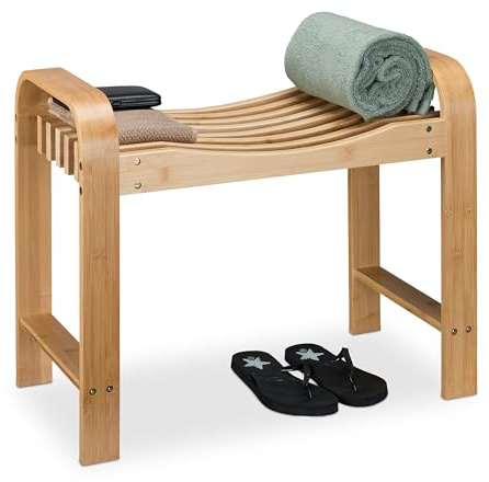 Relaxdays Badhocker, Bambus, Griffe, ergonomische Sitzfläche, HxBxT: 54 x 65 x 33 cm, Sitzbank Flur und Bad, Natur