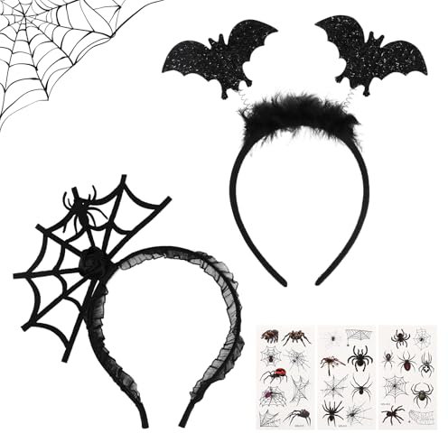 Wolkstello Serre Tete Halloween Toile d'araignée Chauve Souris, Serre Tête Halloween Femme Enfant avec Tatouage, Araignée Chauve Souris Serre Tête pour Femme Enfant Accessoire Halloween Carnaval