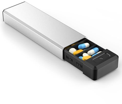 HEIYING Tablettenbox 7 Tage Reise Aluminiumlegierung Pillendose,Tragbare 7 Fächer wöchentlich Metall Medikamentenbox zu halten Vitamin, Medizin, Ergänzungen (Silver)