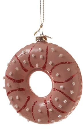 Weihnachtsbaumschmuck Donut mit Streuseln rosa Christbaumschmuck Glas Anhänger Geschenk Weihnachtskugel H: 8,5cm (Roas)