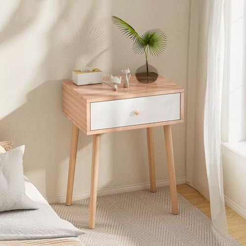 SJHDHDA Mesita de Noche con cajón Blanco, mesita de Noche con Patas de Madera Maciza, Mesa Auxiliar Minimalista y práctica para Dormitorio, Sala de Estar y balcón (Color Blanco+Color Cereza) Learned