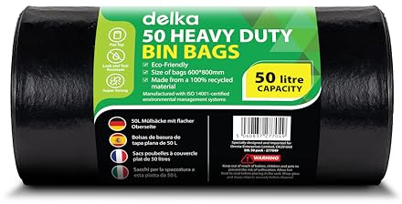 Delka Heavy Duty Black Bin Bags – Extra Strong, Leak-Proof Plastic Liners – Ideal for Kitchen, Home, DIY & Garden, Household, Office & Catering – Made from 100% Recycled Material (50L, 50 Pack)