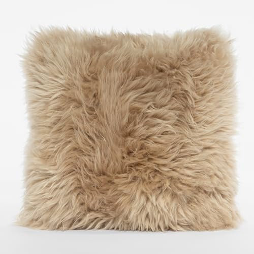 MUCHI OLLENGO – Designkissen aus echtem Lammfell für Stühle, Sofa, Bett, 40x40 cm, Farbe: Hellkamel.