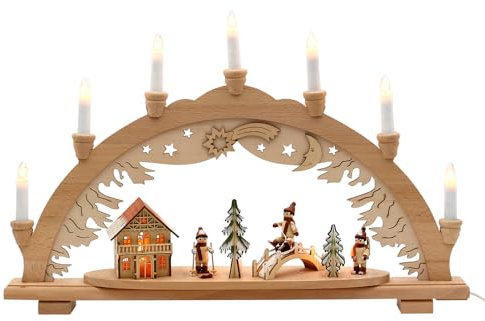 3D Holz Schwibbogen, Lichterbogen, Schwippbogen, Leuchterbogen, Fenster Schwibbogen mit 3 Winterkindfiguren und beleuchtetem Haus, 230V mit Kabel, L/B/H ca. 49 x 9 x 38 cm.