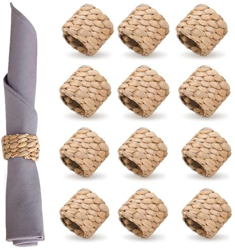 Whcctl 12 Stück Rustikale Gewebte Serviettenringe, Handgefertigte Serviettenringe aus Wasserhyazinthe Gras, Braun, 5 x 5 x 5 cm, für Esszimmer, Jahrestag, Geburtstag