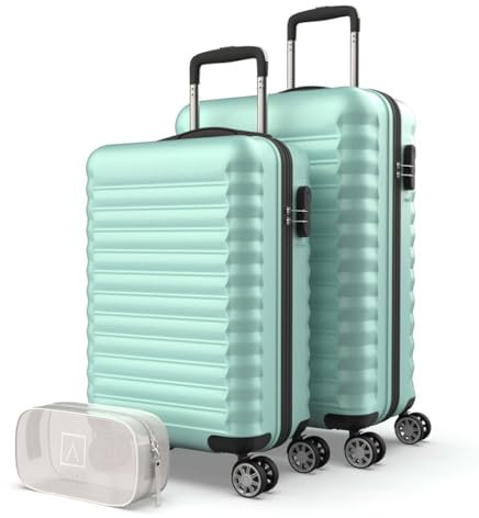 NUMADA-Juego de Maletas Rígidas 3pzs. Maleta Cabina 53cm, Maleta Mediana 63cm y Neceser. Set de Maletas de Viaje ABS Eco Friendly, 4 Ruedas Dobles, Resistentes, Ligeras y Seguras (Verde)