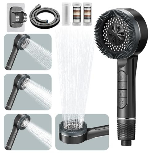 Hard Water Filter Shower Head and Hose with 15 Stage Filter, 4 Spray Jet Modes High Pressure Bathroom Shower Head,Handheld Massage Shower Filter for Residual Chlorine Remove for Adults Children Pets