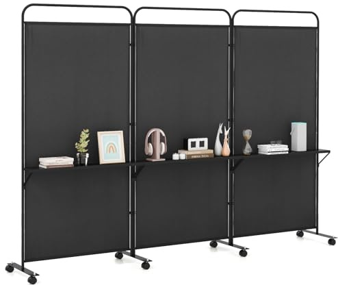 COSTWAY 3 Panel Folding Room Divider, Rolling Wall Privacy Screen Protector with 3 Metal Shelves & Lockable Wheels, Freestanding Paravent Partition Separator for Bedroom Office, 262 x 188cm (Black)