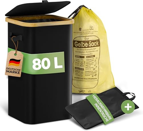 COTTARA® Gelber Sack Ständer inkl. waschbare Innentasche – Müllsackständer gelber Sack Mülleimer mit Deckel und Reißverschluss auf Rückseite – Gelber Sack Behälter 80L (Schwarz)