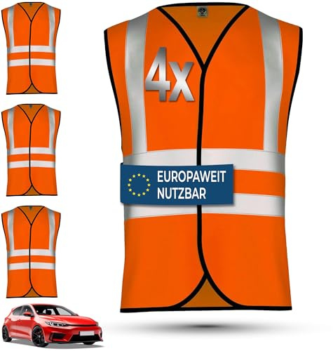 OMKA Warnwesten 4er Set Auto – Sicherheitswesten Herren & Damen nach EN ISO 20471:2026 – Reflektierende Warnwesten 360° Sichtbarkeit – Europaweit gültige Pannenwesten für PKW, KFZ & Reisen, XL
