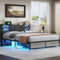SHAODENG Polsterbett 140x200 Metallbett mit Lattenrost, Doppelbett mit LED und USB-Ladefunktion, Stauraumbett mit 2 Schubladen, Jugendbett Funktionsbett Bettgestell, Schwarz, Ohne Matratze