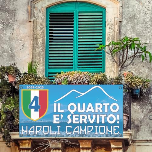 Banner Striscione con Occhielli In PVC per esterno Celebrativo Napoli 4° Scudetto 2025 Campione D'Italia, STAMPA PROFESSIONALE Tifosi Partenopei Ultras Calcio Sport Napoletani Calcio (100x75 cm)