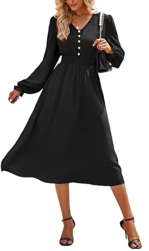 MAYFASEY Women's Spring Autumn Pleated Dress Long Sleeve A Line Elastic Waist Maxi Dresses Casual Loose Midi Dress with Button, Black, M