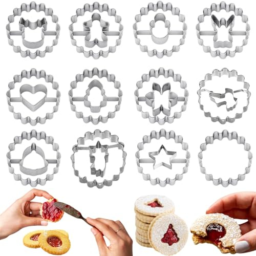 Set di 12 formine per biscotti Linzer, a forma di Natale, in acciaio inox, mini formine rotonde per biscotti per feste, pasticceria fai da te, fondente