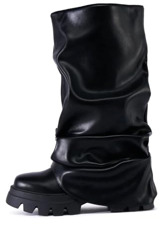 MICIFA Women's Fold Over Boots Platform Slouchy Wide Calf Boots for Women Chunky Heel Ruched Round Toe Riding Shark Mid Calf Booties Black