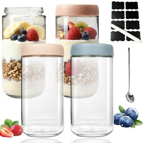 YOYEAH Meal Prep Gläser – 4 Stück à 750ml | Mit abdichtendem Deckel & Messmarkierungen – 100% Leakproof | Ideal für Overnight Oats, Chia Pudding, Müslibecher to Go & Salat