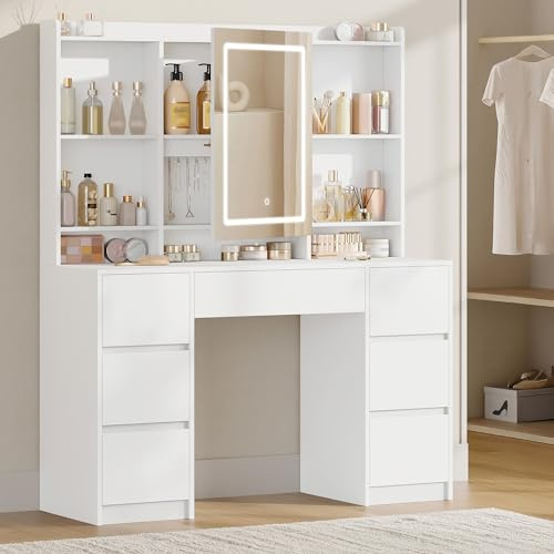 Hzuaneri Dressing Table with Lights, Storage Behind the Mirror, 7 Drawers | Makeup Vanity Desk with Mirror for Bedroom, Adjustable Brightness, 4 Shelves, White DT43203X