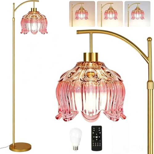 QIYIZM Pinke Stehlampe für Wohnzimmer, Schlafzimmer, goldfarben, dimmbar, Stehleuchte mit Fernbedienung, Mitte des Jahrhunderts, moderne Messing-Lampe, Boho-Stehlampen, Bogen, Buntglas, Blume