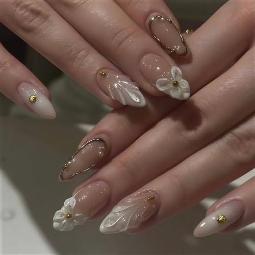 Bubaxuce Ongles Presse En Pointe Française Blanche – Faux Ongles Moyens En Amande Avec Motifs Floraux Dorés En 3D, Ongles Artificiels Brillants Finition Réutilisables