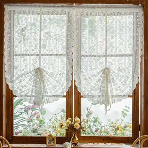 Tolldek Scheibengardine Spitze Landhaus Romantische Blumen Gardinen Vintage Küche Vorhang mit Stickerei, Klein Fenstervorhang für Café Esszimmer Weiß (HxB 100x60cm) 2 stück